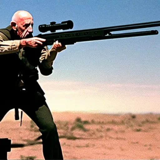 Prompt: Film still of Mike Ehrmantraut aiming with a !!!sniper rifle!!!, 4k, !!highly detailed!!