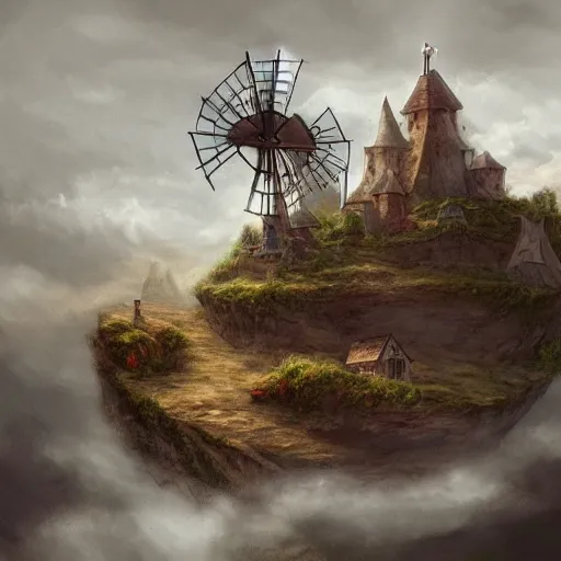 Prompt: A floating island in the clouds with a small medieval village and a windmill on top of it, D&D, magical, highly detailed, digital painting, trending on artstation, 8k