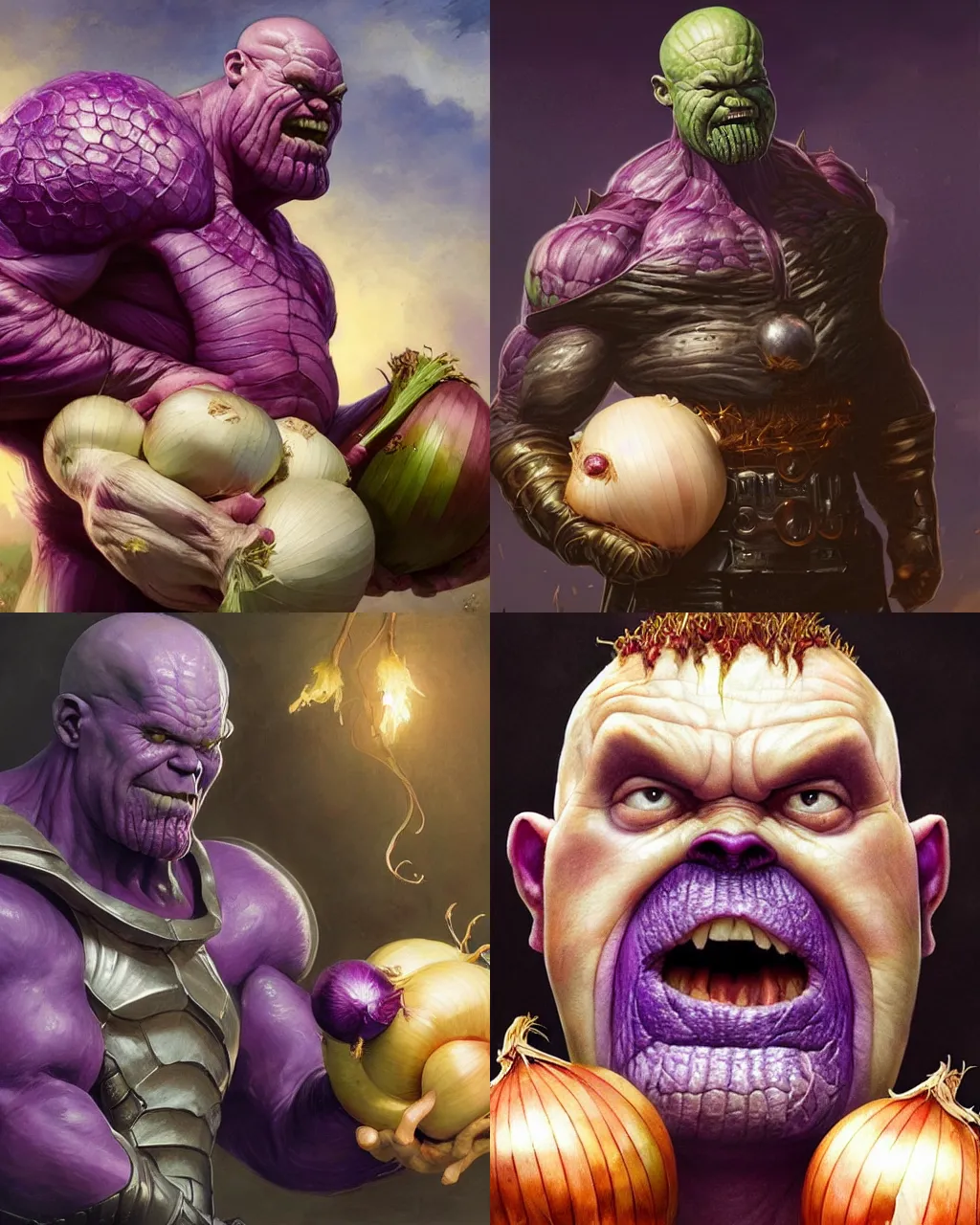 Prompt: onion thanos holding onions, character portrait, ultra realistic, concept art, intricate details, highly detailed by greg rutkowski, ilya kuvshinov, gaston bussiere, craig mullins, simon bisley, onion hybrid thanos, surrounding onions, smiling and cheerful