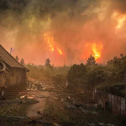 Prompt: abandoned war torn village, smoke is flowing, a dirty orc warrior is running forward in the center,the glimmering orange dawn,godrays from the right, wet puddles on street, forest fires in the distance, masterpiece 4k, intricate details, realistic, panoramic view, Hyperdetailed, 8k resolution, photorealistic, film grain