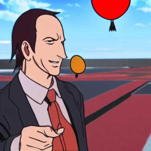 Prompt: saul goodman throwing dart at red ballon, still from anime