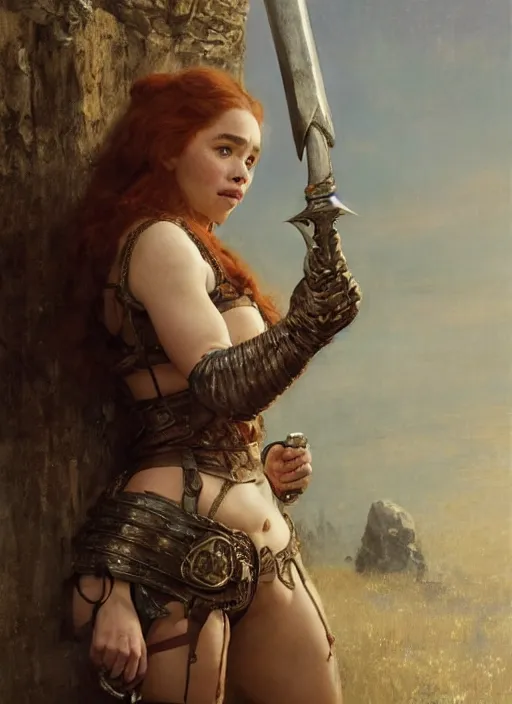 Image similar to short muscular redheaded woman wearing realistic medieval armour, emilia clarke staring seductively, staring seductively, detailed by gaston bussiere, bayard wu, greg rutkowski, giger, maxim verehin, greg rutkowski, masterpiece, sharp focus, cinematic lightning