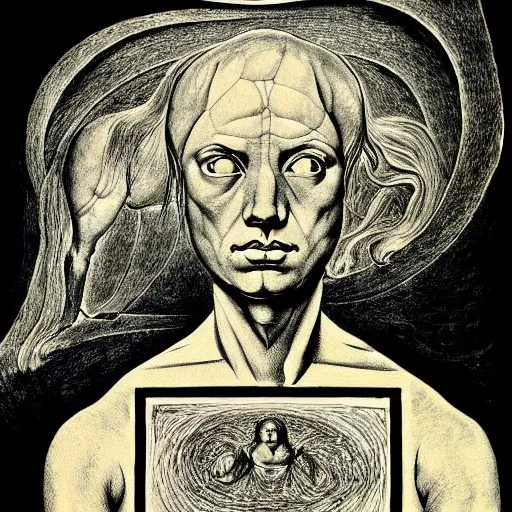 Image similar to alchemy lithography on paper conceptual figurative ( post - morden ) monumental dynamic portrait drawn by esher and goya and hogarth, inspired by william blake, illusion surreal art, highly conceptual figurative art, intricate detailed illustration, controversial poster art, polish poster art, geometrical drawings, no blur