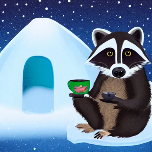 Image similar to a raccoon sipping tea in the doorway to an igloo, photorealistic