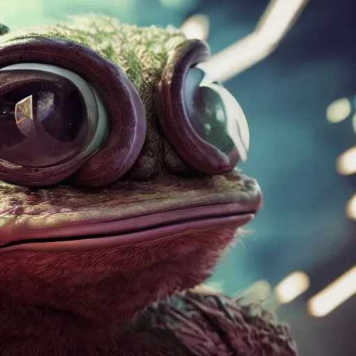 Prompt: a hyperrealistic scifi poster of pepe in a dynamic pose, 8 k, cryengine, realistic, rendered