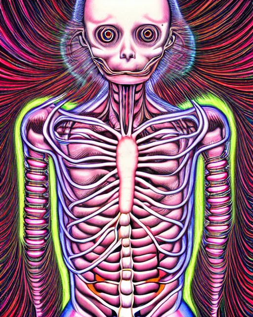 Image similar to human body breaking away, conjuring psychedelic illustration, part by shintaro kago, part by alex gray, ultra realistic, highly detailed, 8 k, trending on artstation, symmetry