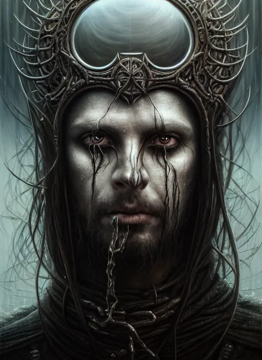 Image similar to closeup portrait shot of a black metal musician in a scenic dystopian environment, intricate, elegant, highly detailed, centered, digital painting, artstation, concept art, smooth, sharp focus, illustration, artgerm, tomasz alen kopera, peter mohrbacher, donato giancola, joseph christian leyendecker, wlop, boris vallejo