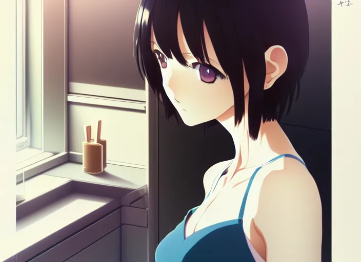 Image similar to anime visual, a young woman looking in a kitchen cabinet from a distance, cute face by ilya kuvshinov, yoshinari yoh, makoto shinkai, katsura masakazu, dynamic perspective pose, detailed facial features, kyoani, rounded eyes, crisp and sharp, cel shad, anime poster, ambient light,