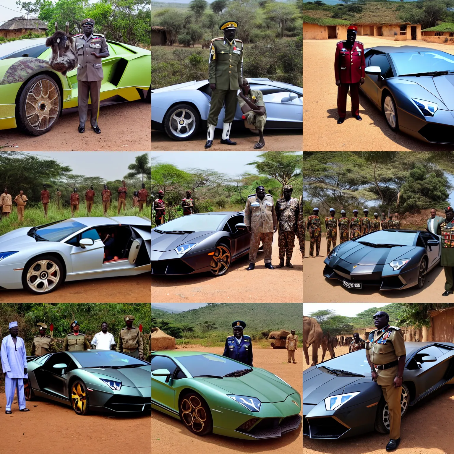 Prompt: High-quality photograph of an African dictator dressed as a general posing next to his Lamborghini Aventador in an African village and surrounded by curious villagers