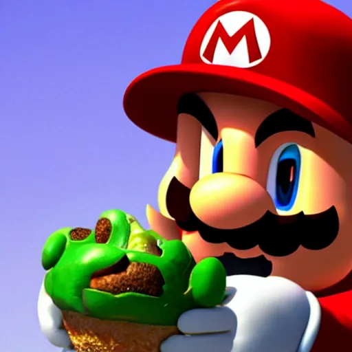 Image similar to Mario eating green mushroom, award winning, trending on artstation, unreal engine