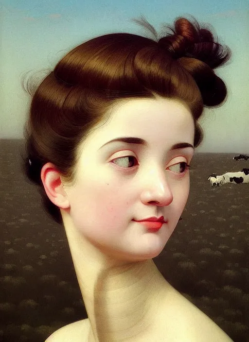 Image similar to hyper detailed 3 d render like a oil painting - cute portrait of a brunette called emma, italian looks, looking at camera, symmetrical face, long brunette hair, with a smiling cow looking over her shoulder by ryden, kawase hasui, dorothea tanning, edward hopper and james gilleard, aivazovsky, beksinski, outram, artstation