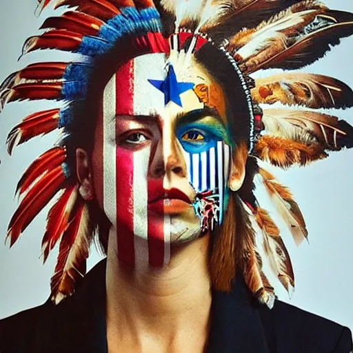 Image similar to a beautiful portrait sculpture designed by Sandra Chevrier, american indian headdress, American stars and stripes on face, by Annie Leibovitz