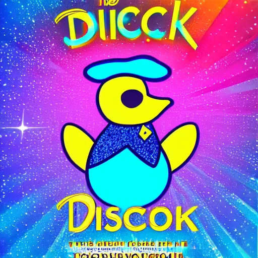 Image similar to the disco duck returns concert poster featuring the disco duck in his sparkling disco clothes.