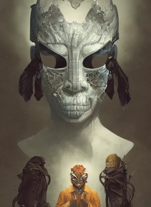 Prompt: the masks come off at night revealing all there is to know, photorealistic by michael komarck, greg rutkowski, victo ngai, artgerm, willem claesz heda and j. dickenson