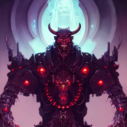 Image similar to a portrait of a demonic cybernetic duke of hell, cyberpunk concept art by pete mohrbacher and wlop and artgerm and josan gonzales, digital art, highly detailed, intricate, sci-fi, sharp focus, Trending on Artstation HQ, deviantart, unreal engine 5, 4K UHD image