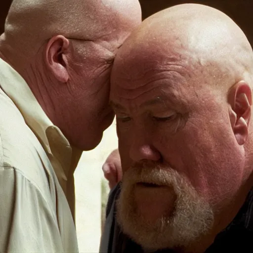 Image similar to cinematic shot of walter white kissing a fat ugly old man, very intricate, very detailed, depth of field,