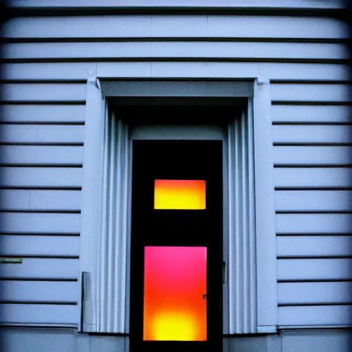 Prompt: coloured low angle wide shot of Night Vale library entrance, the door is slightly open with multiple eyes glowing in the dark, sunset, polaroid photo, by Warhol,