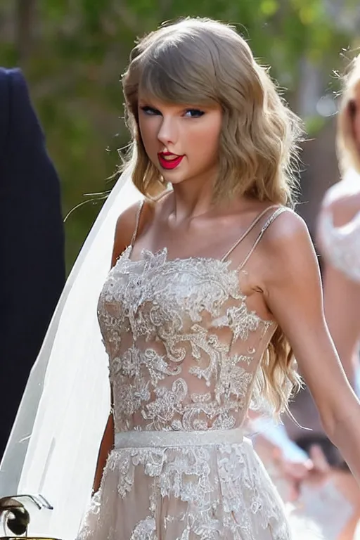 Image similar to waist - up - photo!!!!!!!!! of taylor swift in a beautiful wedding dress, focus on face and facial details