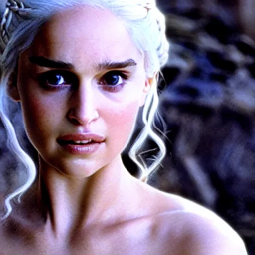 Image similar to a selfie of daenerys targaryen played by a young natalie portman with smooth skin and light violet eyes, ethereal, mystic, medium shot, detailed eyes, vivid, golden hour