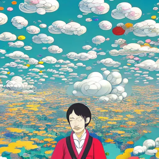 Image similar to a man walking on clouds away from the camera above kyoto by takashi murakami, beeple and james jean, aya takano color style, 4 k, super detailed, modern, 4 k, symmetrical