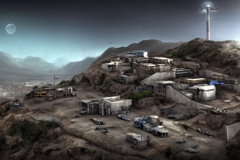 Image similar to favela hospital hangar bunker, desert environment, industrial factory, cliffs, gloomy, milky way, award winning art, epic dreamlike fantasy landscape, ultra realistic,