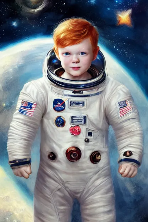 Image similar to a little boy with ginger hair floating in space, surrounded by stars. he is an astronaut, wearing a space suit. clean elegant painting, beautiful detailed face. by raymond swanland and artgerm and greg rutkowski