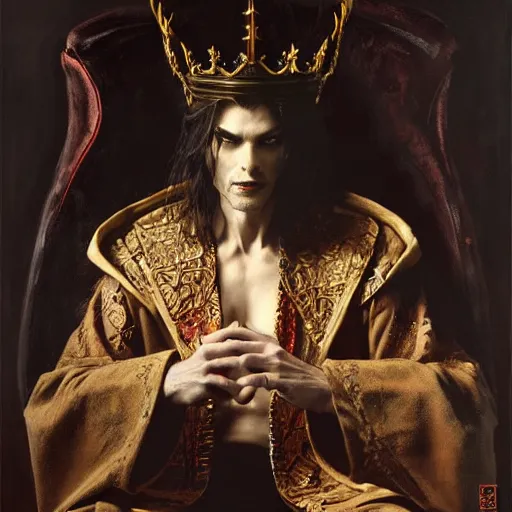 Image similar to perfectly centered portrait of attractive vampire king in a robe sitting on a throne of bones, highly detailed painting by gaston bussiere, craig mullins, j. c. leyendecker, 8 k