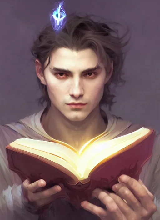 Image similar to character concept portrait of an attractive young Spanish wizard conjuring a death spell, a floating iridescent spell book in the center, intricate, elegant, digital painting, concept art, smooth, sharp focus, illustration, from Metal Gear, by Ruan Jia and Mandy Jurgens and William-Adolphe Bouguereau, Artgerm