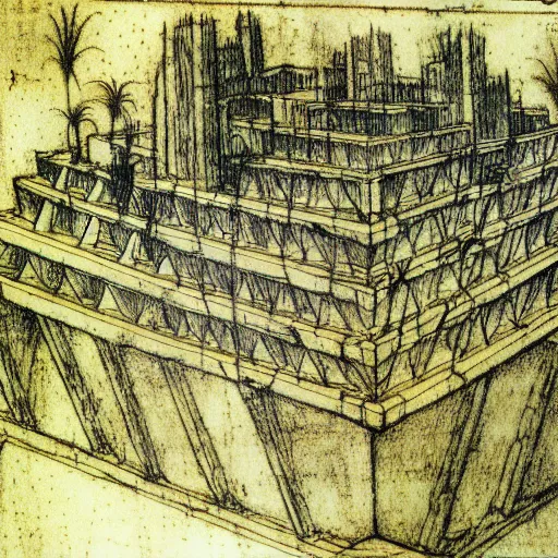 Prompt: The hanging gardens of Babylon sketched infographic, drawn by Leonardo Da Vinci, detailed analysed