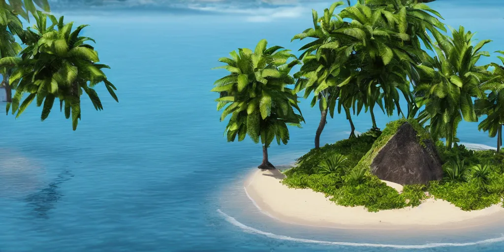 Prompt: a lonely tropical island, men in suits on the beach, around the island is the sea, ultra realistic, high detail, 4k, trending on artstation