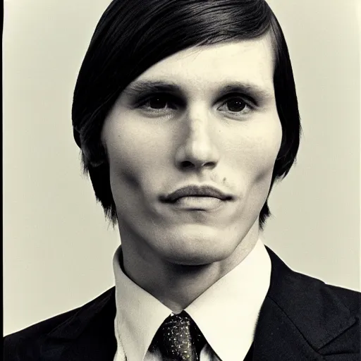 Image similar to A photograph portrait of Jerma985 with short-medium length hair a combover wearing early 1970s menswear in the early 1970s, taken in the early 1970s, grainy, taken on a 1970s Polaroid Camera, realistic, hyperrealistic, very realistic, highly detailed, very detailed, extremely detailed, detailed, digital art, trending on artstation, colorized photo