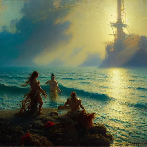 Image similar to point of view, you are deep in the ocean looking up, you see fishes, flora and fauna, higher you see the splendorous milk way illuminating the sea. highly detailed painting by gaston bussiere, greg rutkowski 8 k