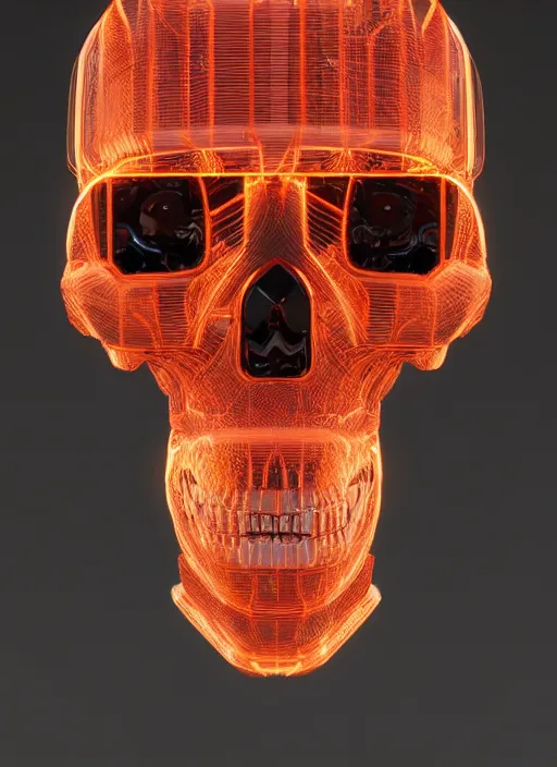 Image similar to a symmetrical mechadroid skull. android. robotic. anthropomorphic. fiber optics. circuitry. panels. translucent. led. carbon fiber. ceramic. photorealistic. insane details. hyperrealistic. 8 k. studio lighting. trending on artstation. octane render.