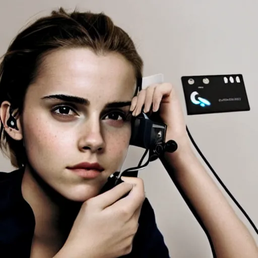 Image similar to a girl who is a mix of emma watson and scarlett johansson and nathalie portman, using a device to connect herself to a computer through an usb cable and a port in her arm, cables, it, very detailled, by david rutkowski and artgem