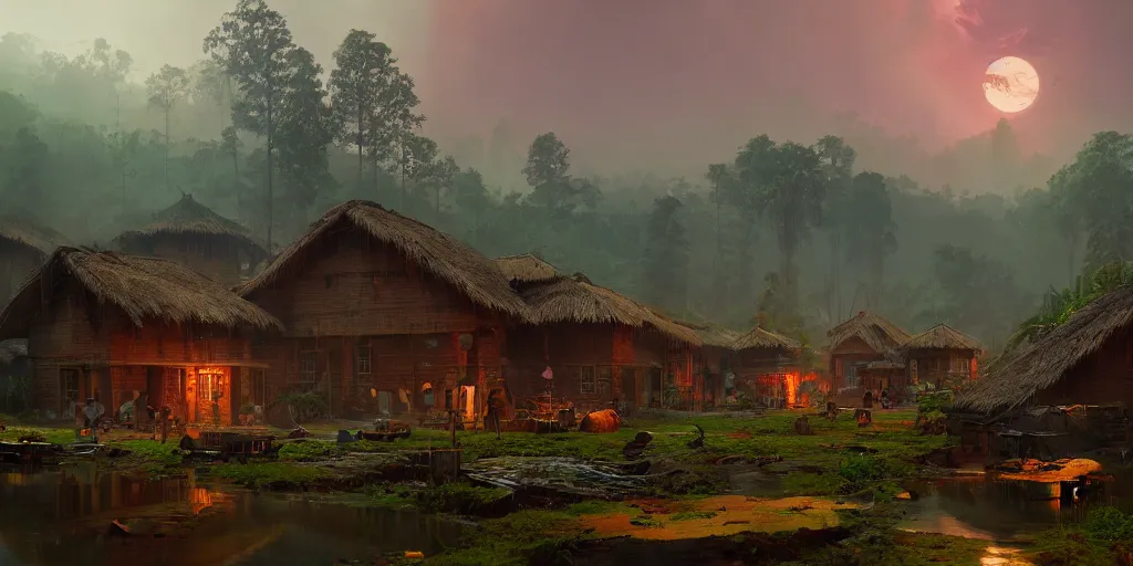 Image similar to establishing shot of a kerala village, an epic fantasy, dramatic lighting, cinematic, extremely high detail, photorealistic, cinematic lighting, matte painting, artstation, by simon stalenhag, shadow of the tomb rider