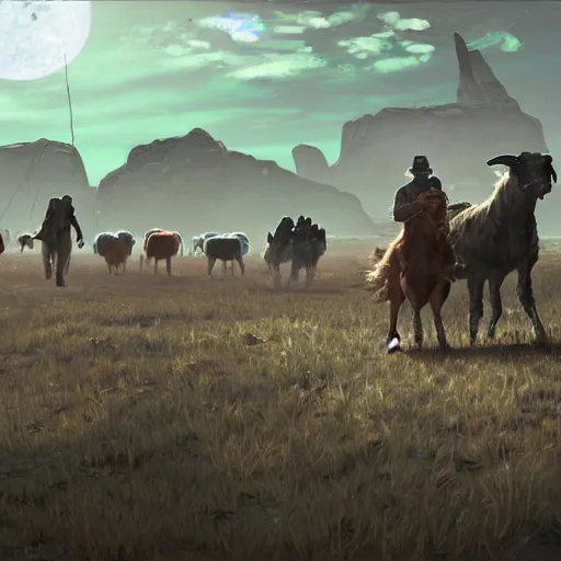 Image similar to Cyberpunk cowboys herding sheep in a No Man's Sky landscape in the style of Frederic Remington