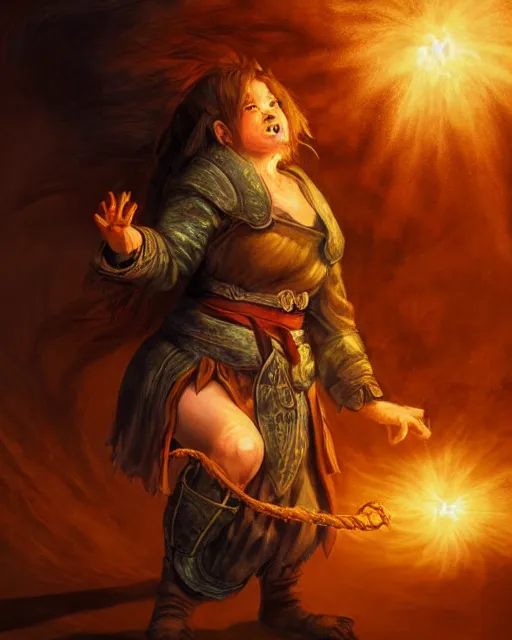 Image similar to full body portrait of a female halfling hobbit monk fistfighter, hallucinating a holy vision of her goddess of mist and light, flowing robes and leather armor, detailed dynamic light painting by albrecht anker