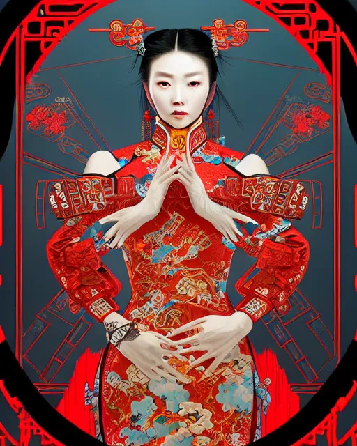 Image similar to portrait of a chinese cyberpunk machine, machine face, arms, upper half portrait, decorated with chinese opera motifs, regal, asian, fine china, wuxia, traditional chinese art intricate intense elegant 京 剧 highly detailed digital painting artstation concept art smooth sharp focus illustration, art by artgerm and greg rutkowski alphonse mucha 8 k