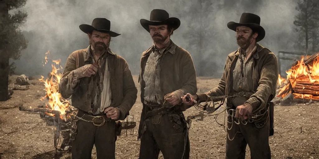 Image similar to medium two shit of rugged bandit cialien murphy ( ( alone ) ) in the old west, handcuffed by shackles at a campfire and thomas brodie - sangster, violently fist fighting, volumetric lighting, cinematic, dark, grim