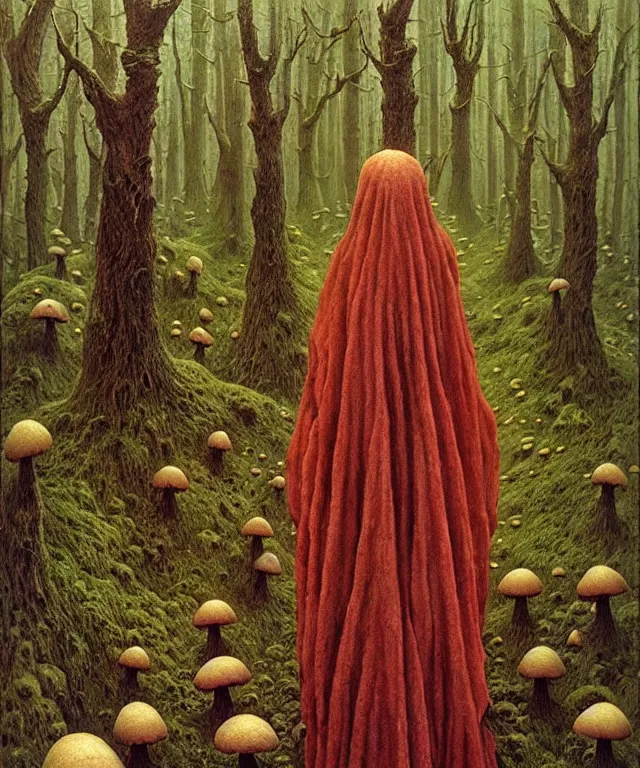 Image similar to A detailed funguswoman stands among the mushroom forest. Wearing a ripped mantle, robe. Perfect faces, extremely high details, realistic, fantasy art, solo, masterpiece, art by Zdzisław Beksiński, Ivan Bilibin, Dariusz Zawadzki