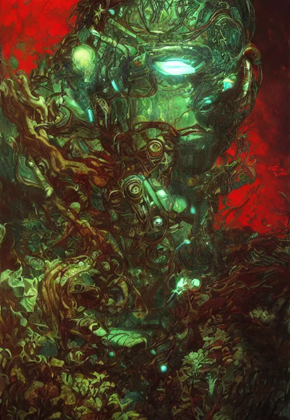 Image similar to ( underwater ) middle length portrait of a glowing cyborg leshy, cinematic light, looking to the side off camera, backlight glow, green bright red, mist, by mikhail vrubel, by philippe druillet, by peter elson, by gerald brom, muted colors, extreme detail, trending on artstation, 8 k