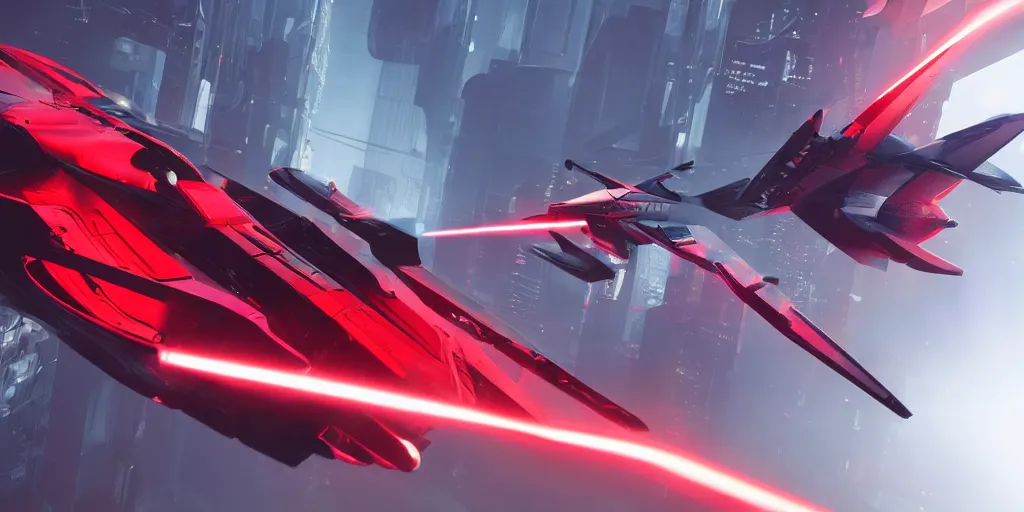 Prompt: cyberpunk concept inspired jet, futuristic look, highly detailed body, aerodynamic body, photorealistic camera shot, bright studio setting, studio lighting, crisp quality and light reflections, unreal engine 5 quality render, red and black tones, shooting