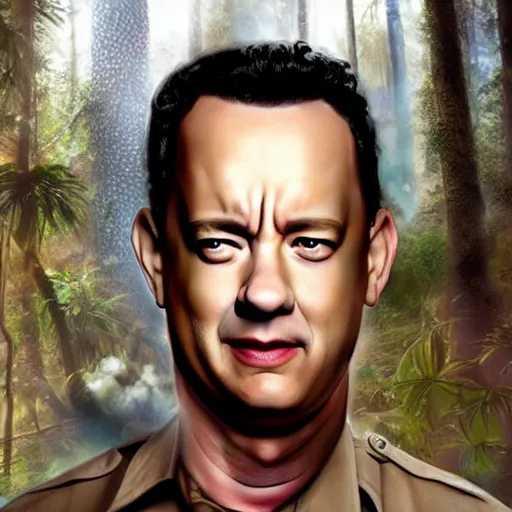 Image similar to Tom Hanks as forrest roasint a giant shrimp over a fire in the jungle, realistic digital painting, in the style of Aleksi Briclot, photoreailstic, realistic face, amazing detail, sharp