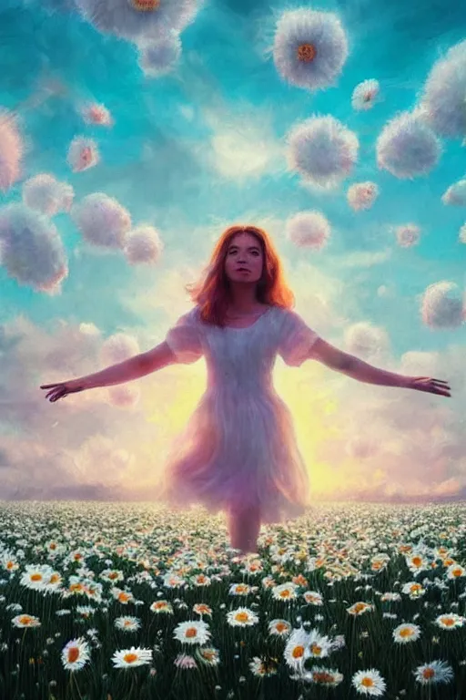 Image similar to giant white daisy flower as head, full body girl dancing in a flower field, surreal photography, sunrise, dramatic light, impressionist painting, colorful clouds, digital painting, artstation, simon stalenhag