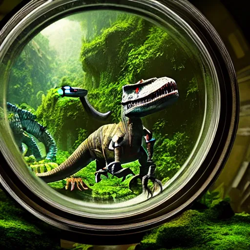 Prompt: a lush jungle matte painting inside a ornate glass jar, hyper realistic photo, 7 5 mm lens, studio lighting, tilt - shift, jurassic world, t - rex, grey backdrop