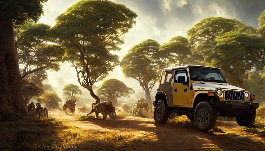 Prompt: mahindra thar driving through madagascar road with baobabs trees, animals running along, artgerm and greg rutkowski and alphonse mucha, an epic fantasy, volumetric light, detailed, establishing shot, an epic fantasy, trending on art station, octane render, midsommar