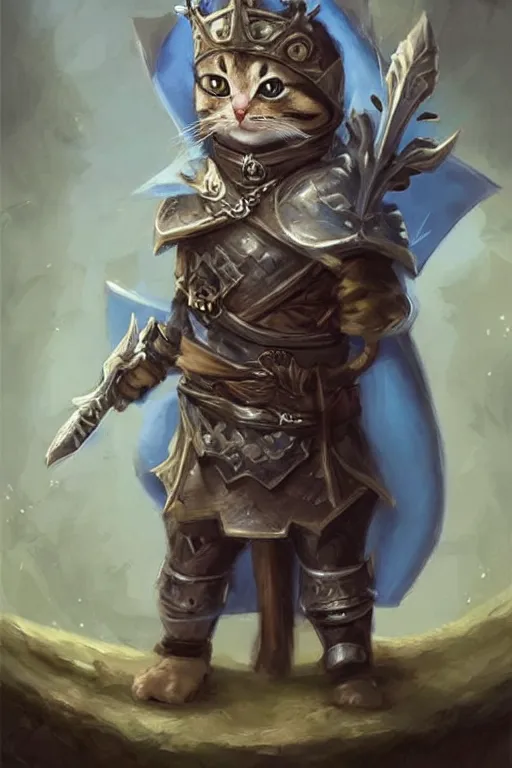 Image similar to cute little anthropomorphic cat knight wearing a cape and a crown, tiny, small, miniature cat , baby animal, short, pale blue armor, cute and adorable, pretty, beautiful, DnD character art portrait, matte fantasy painting, DeviantArt Artstation, by Jason Felix by Steve Argyle by Tyler Jacobson by Peter Mohrbacher, cinematic lighting