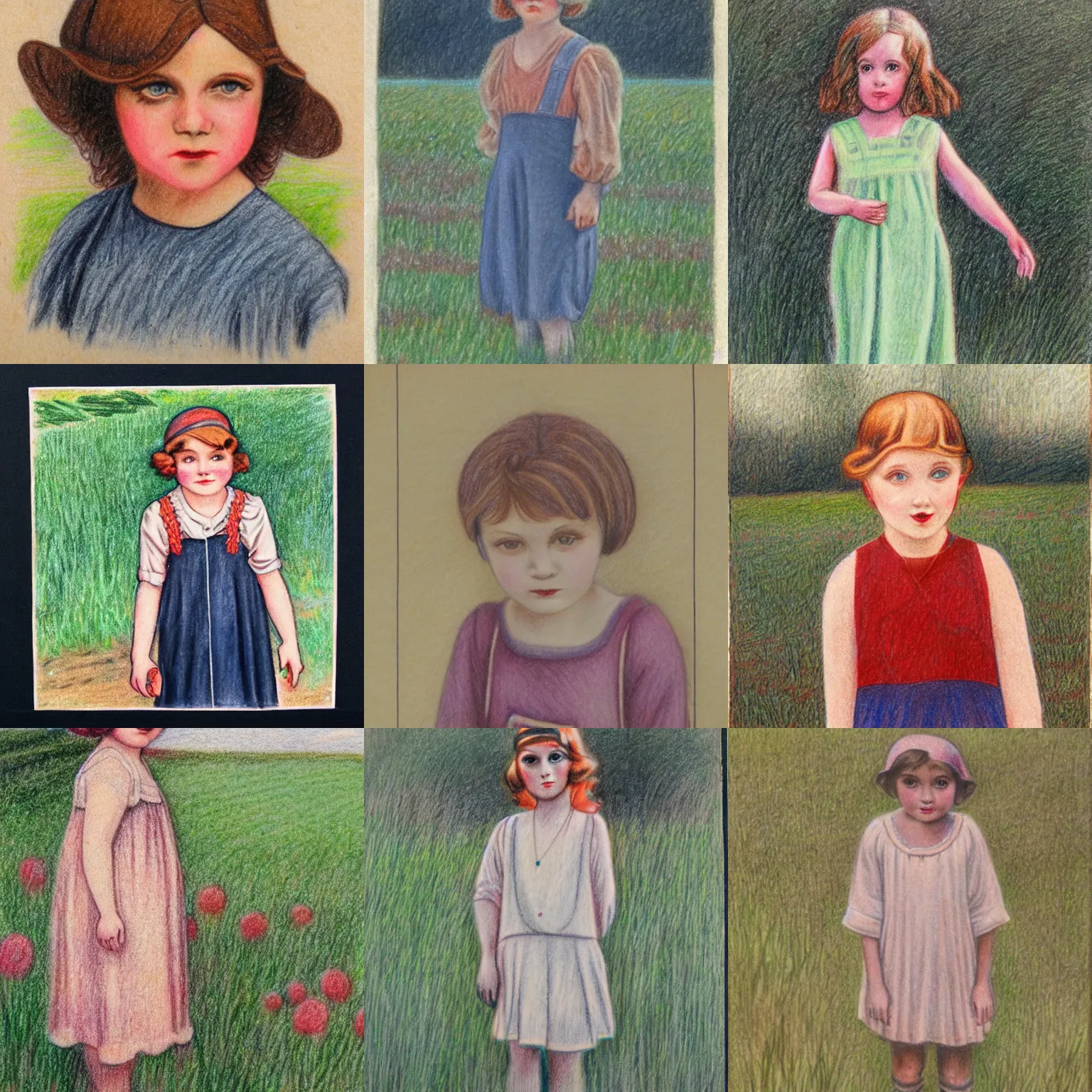 Prompt: 1 9 2 0 s portrait colored pencil drawing of curious girl standing in field looking at camera.
