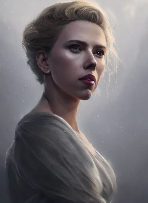 Image similar to A fancy portrait of Scarlett Johansson by Greg Rutkowski, Sung Choi, Mitchell Mohrhauser, Maciej Kuciara, Johnson Ting, Maxim Verehin, Peter Konig, Bloodborne, 8k photorealistic, cinematic lighting, HD, high details, dramatic, atmospheric , trending on artstation