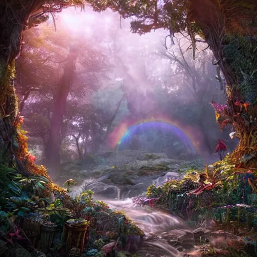 Prompt: beautiful, grand, wistful, aesthetic landscape of a hidden forest, photograph by kim jung gi, rainbow colored, extremely detailed, intricate linework, sharp focus, bright colors, octopath traveler, unreal engine 5 highly rendered, global illumination, radiant light, detailed and intricate environment